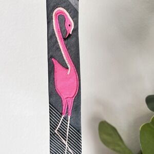 Retro Vintage Hand Sewn Unique Flamingo Embroidered Skinny Tie Novelty Fun